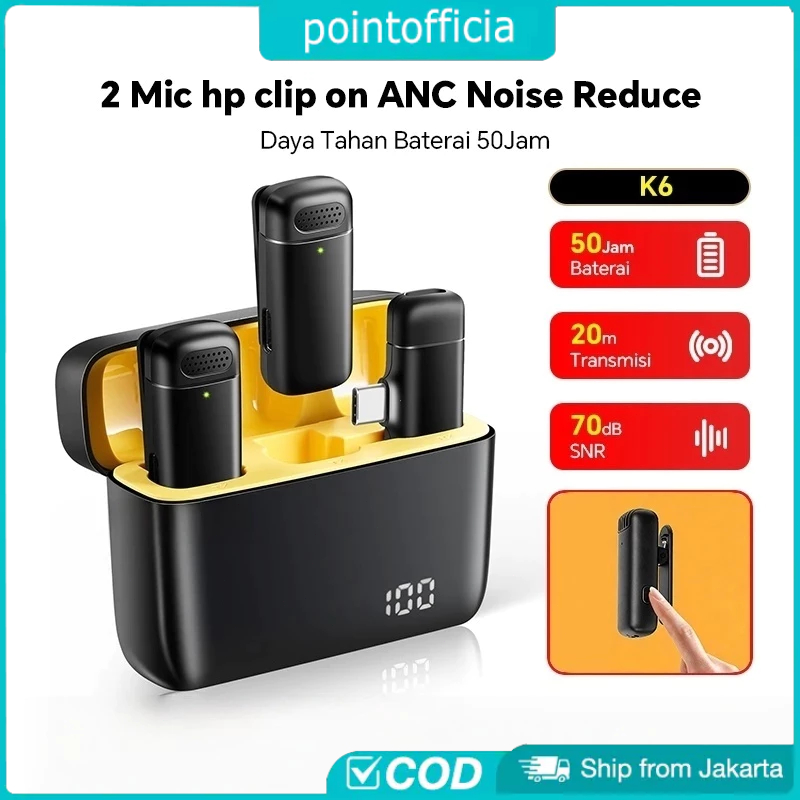 K6 Mic Wireless Clip On Dual Lavalier Mic HP AI Noise Cancel Plug & Play dengan Charging Case untuk 
