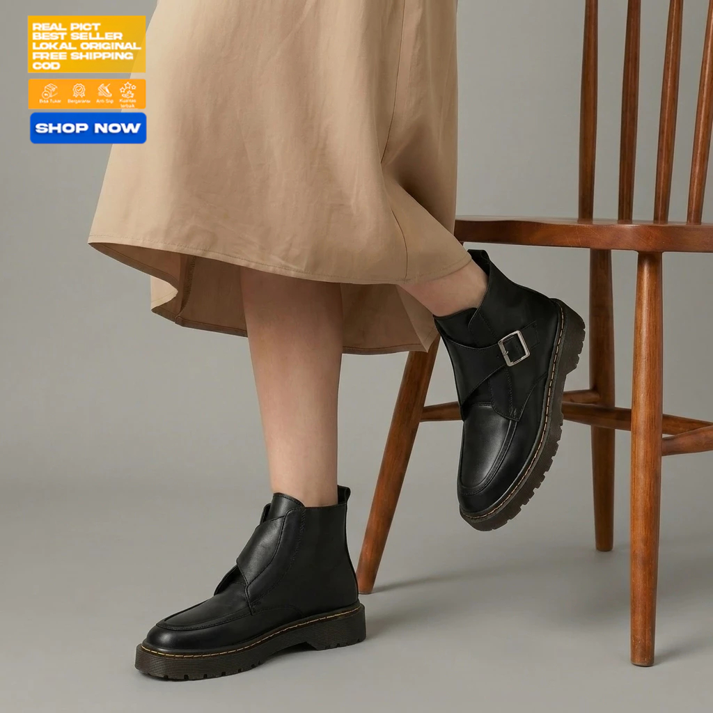 HYG - VERIN Sepatu Boots Docmart Wanita Hitam Hak Tinggi