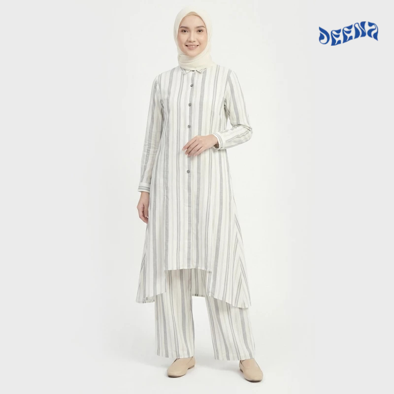 One Set Wanita Linen Daisy Motif Garis Salur Terbaru - Setelan Tunik Celana Kulot Hijab Friendly Bah