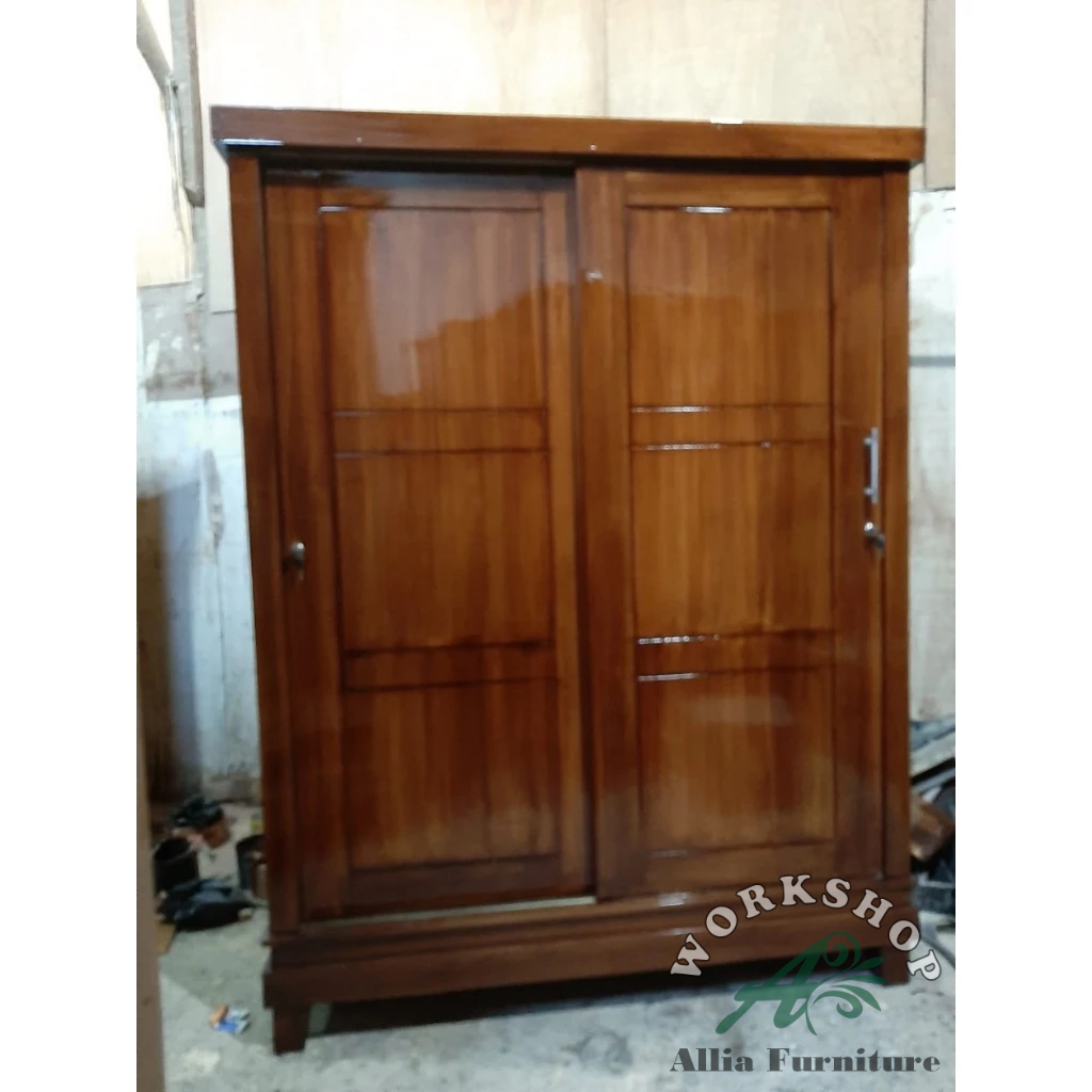 Lemari pakaian minimalis kayu jati 2 pintu geser ( sliding door ) LM-1b ( warna coklat tua )