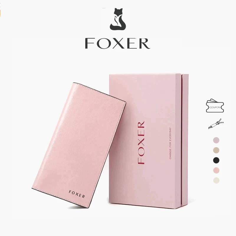 FOXER Dompet Panjang Wanita Dompet Kulit Sapi Wanita Untuk Koin Dompet Panjang Ultra Tipis Dengan Ba