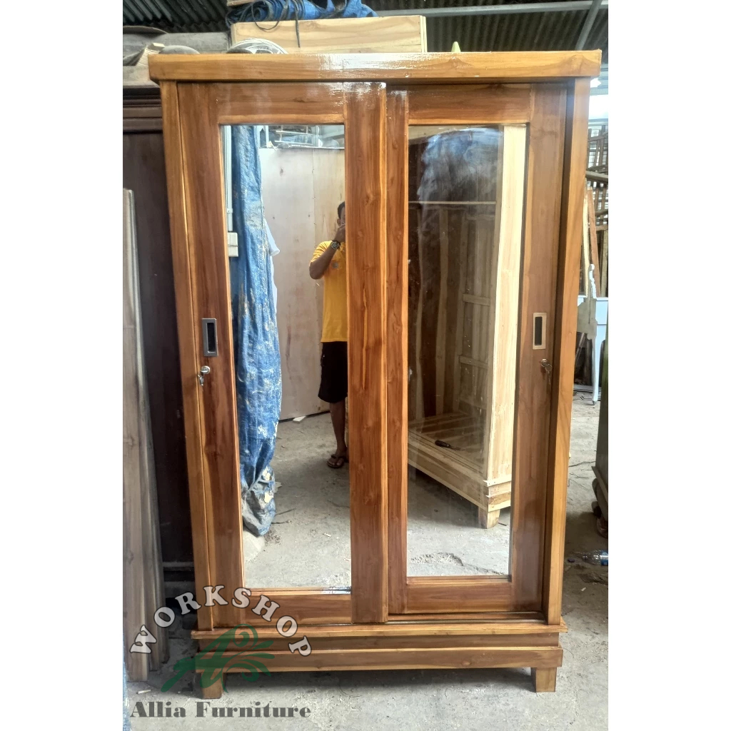 Lemari Pakaian 2 Pintu Geser Kaca Full Kayu Jati Minimalis Model M4