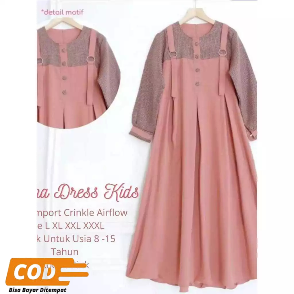 gamis anak tanggung kotak 7-14 tahun kekinian cringkle airflow mix katun kotak Hitam