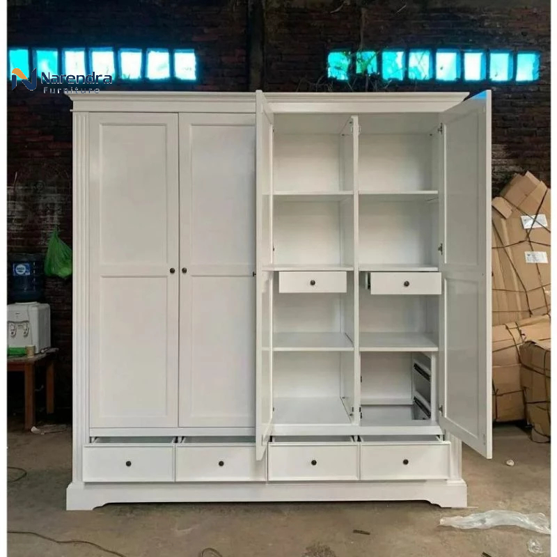 (WARDROBE) LEMARI 4 PINTU JUMBO CAT DUCO PUTIH KAYU JATI ASLI JEPARA