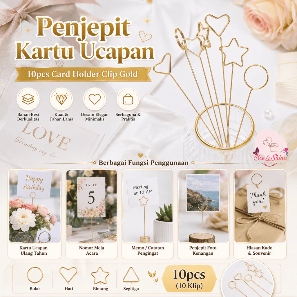 10pcs Card Holder Clip Gold Penjepit Kartu Ucapan Foto Memo Stand Hiasan Buket Bunga Hampers