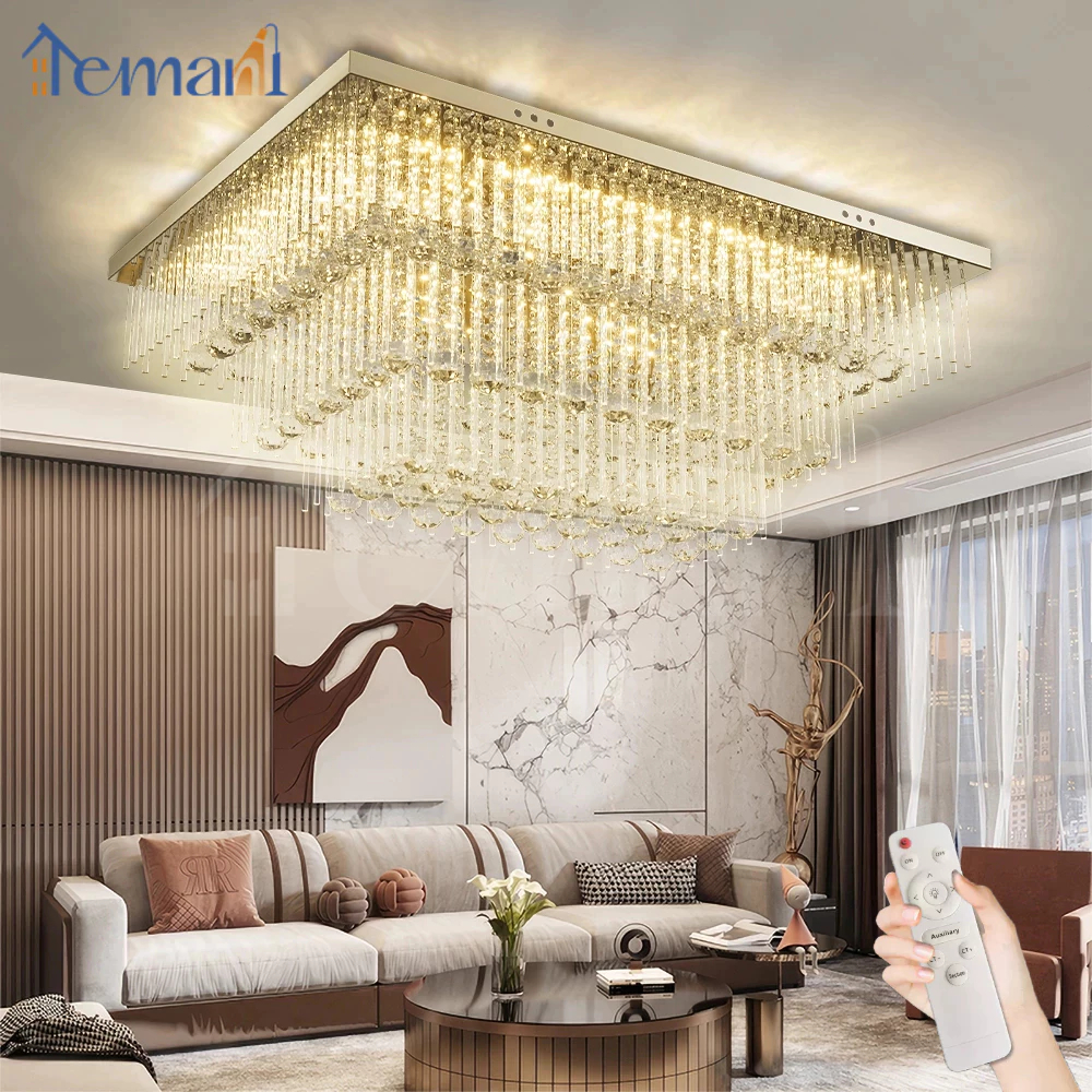 Lampu Gantung Kristal Besar Ruang Tamu Mewah dekorasi 3 Warna LED lampu Hias Plafon kristal 100cm La