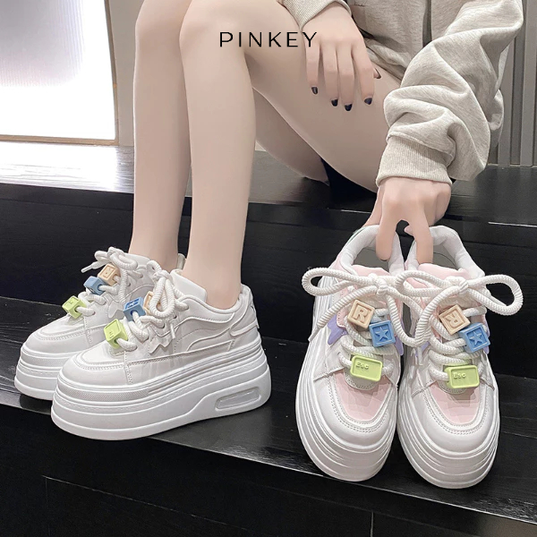 PINKEY P303 Sepatu Sneakers Putih Boots Tinggi Wanita Sneakers Shoes Hak Tebal