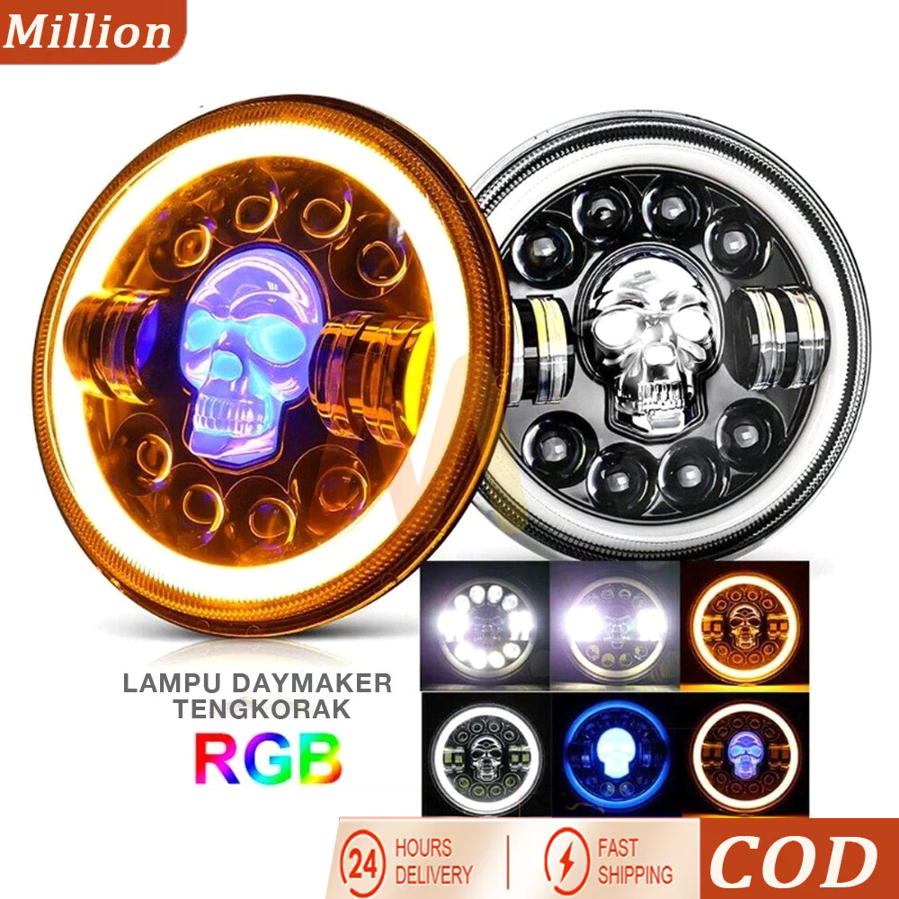 COD Lampu Tembak Daymaker Tengkorak 7 Inch LED Bulat Lampu Tembak Tengkorak 40 Watt Lampu Daymaker T