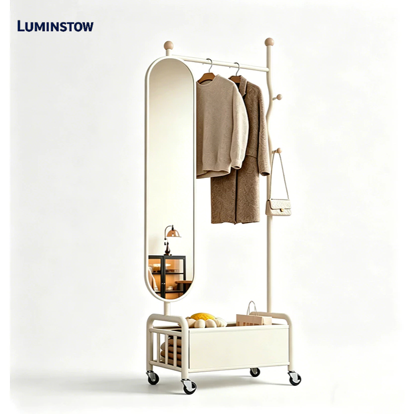 Luminstow Rak Gantungan Baju Tiang Berdiri Dengan Roda Stand Hanger Standing Mirror Oval Aesthetic