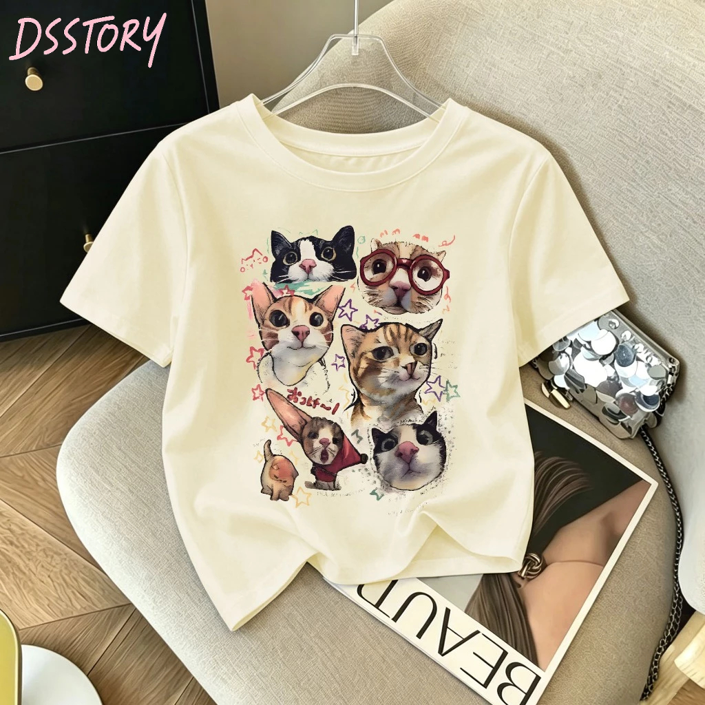 [COD]Kaos Pola kucing korea Cream | baju atasan wanita terbaru | Kaos Ramping | 5.11
