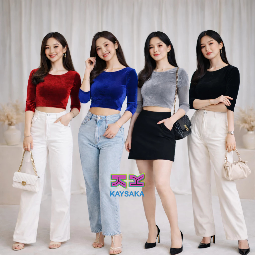 Crop Top Bludru Velvet Lengan 3/4 Fit Body Soft Luxury Wanita | Sexy Crop Top Wanita Dewasa Korean S