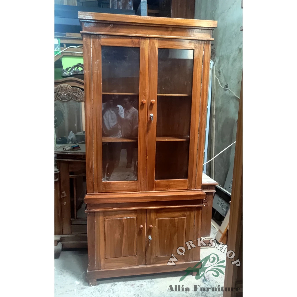 Lemari Pajangan Hias 2 Pintu Kayu Jati Asli Model Minimalis Kotak
