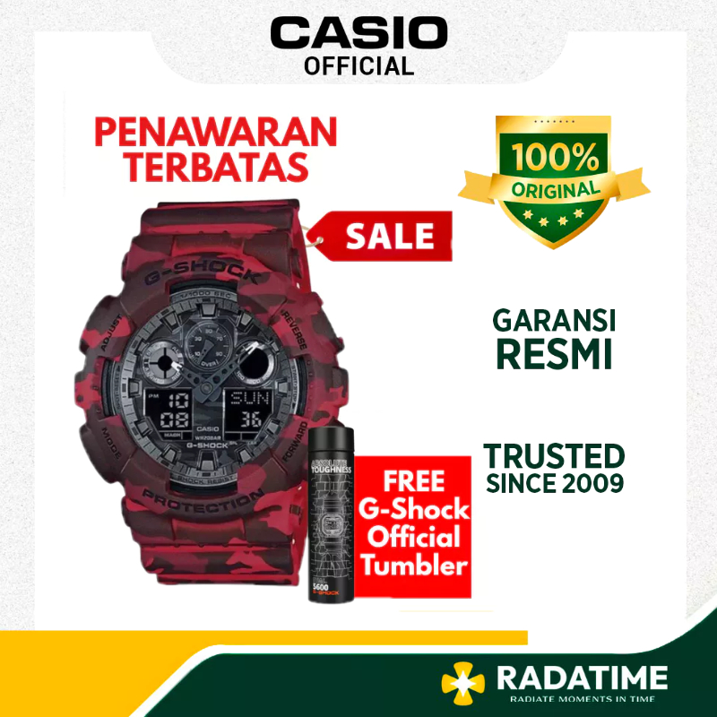 [SALE + FREE G-SHOCK TUMBLER] Jam Tangan Pria Casio G-Shock Red Army 100% Original GA-100CM-4ADR