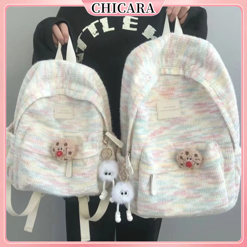 Tas Ransel Wanita Rajutan Pelangi Y2K Jepang Korea Corduroy Lucu Kapasitas Besar Muat Laptop Tas Sek