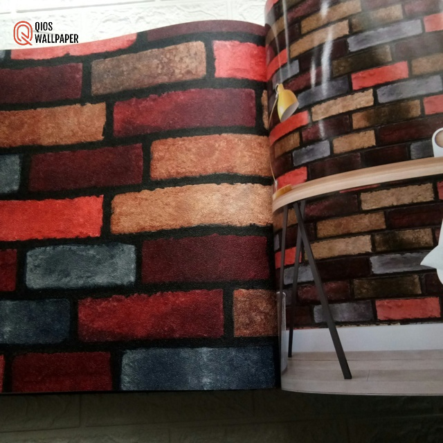 Wallpaper Motif Batu Bata Merah Abu Coklat 3D Berserat
