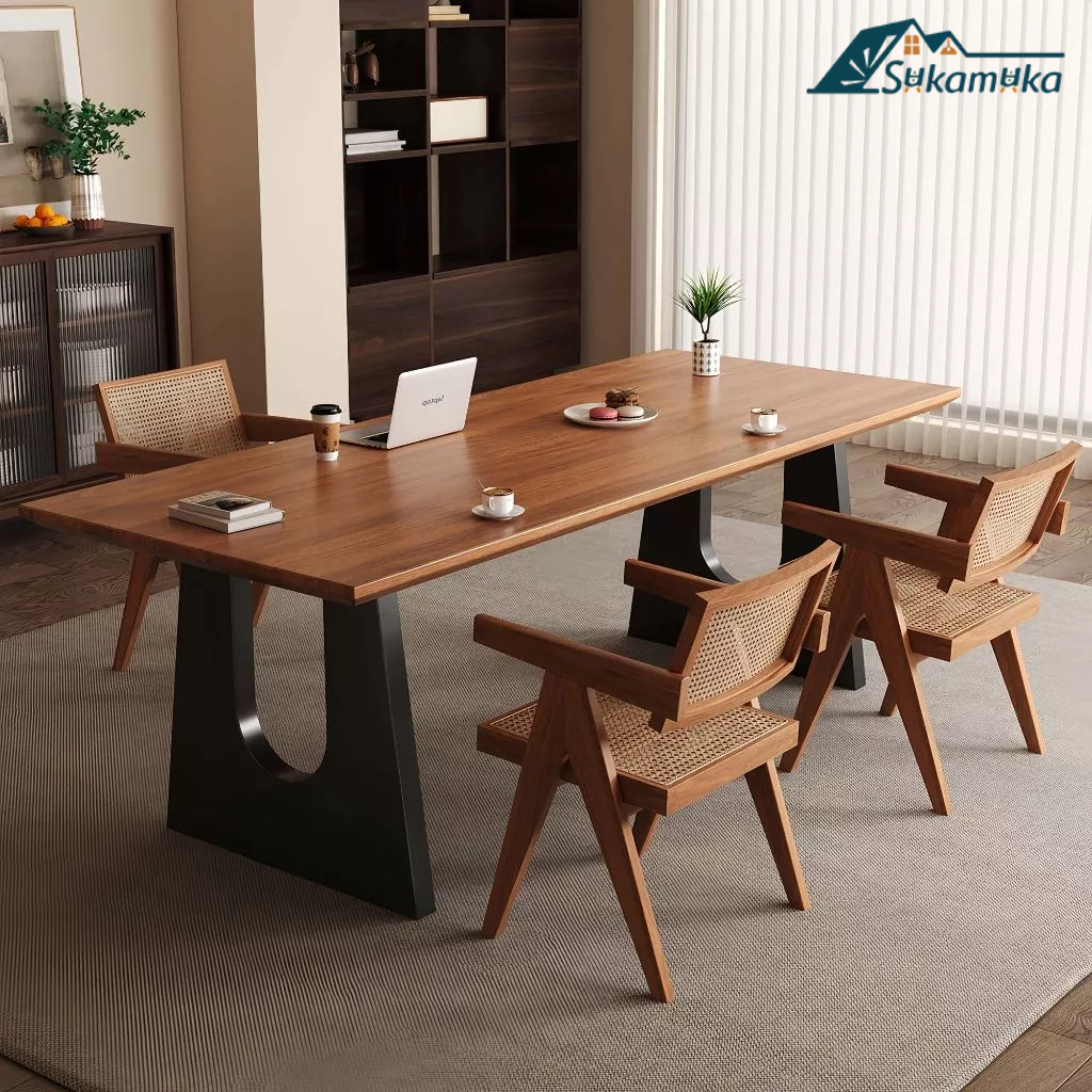 Meja Makan Kayu Solid Panjang Kaki Besi Ukuran 120/140/160CM Serbaguna Meja Kantor Meja Komputer Mej