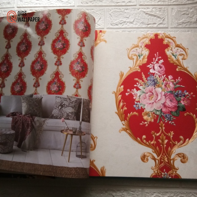 Wallpaper Dinding Vinyl Motif Bunga Batik Merah