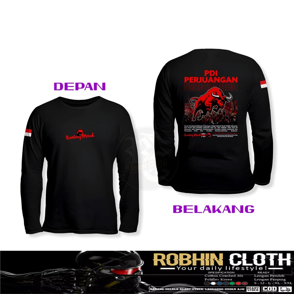 Kaos Baju PDIP Banteng Merah Streetwear DB Lengan Panjang Kaos Distro