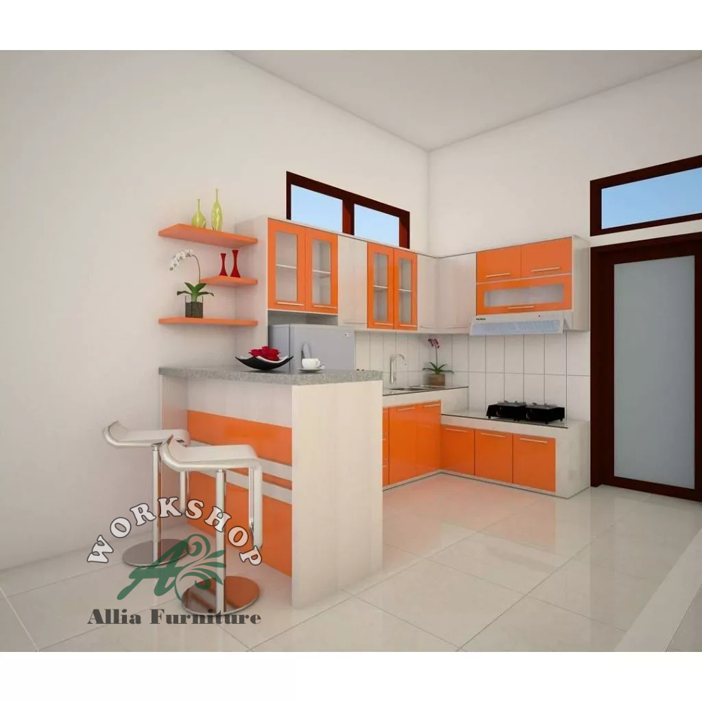 Kitchen set minimalis dengan meja bar model oranye