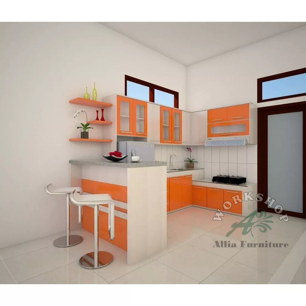 Kitchen set minimalis dengan meja bar atau mini bar model oranye
