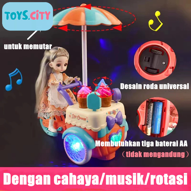 Mainan Mobil Kereta Dorong Es Krim Listrik  DIY mainan Boneka dengan Musik dan Lampu Mainan girl