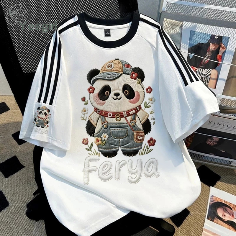 [COD] Yesgirl Baju Wanita Putih Black Kaos Premium Lengan Pendek Oversize Kaos Panda Bordir Atasan W