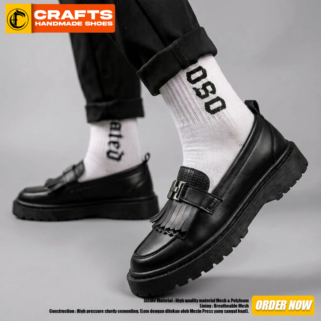 Sepatu Formal Loafers Hitam Kerja Pria Chunky Sole Tebal
