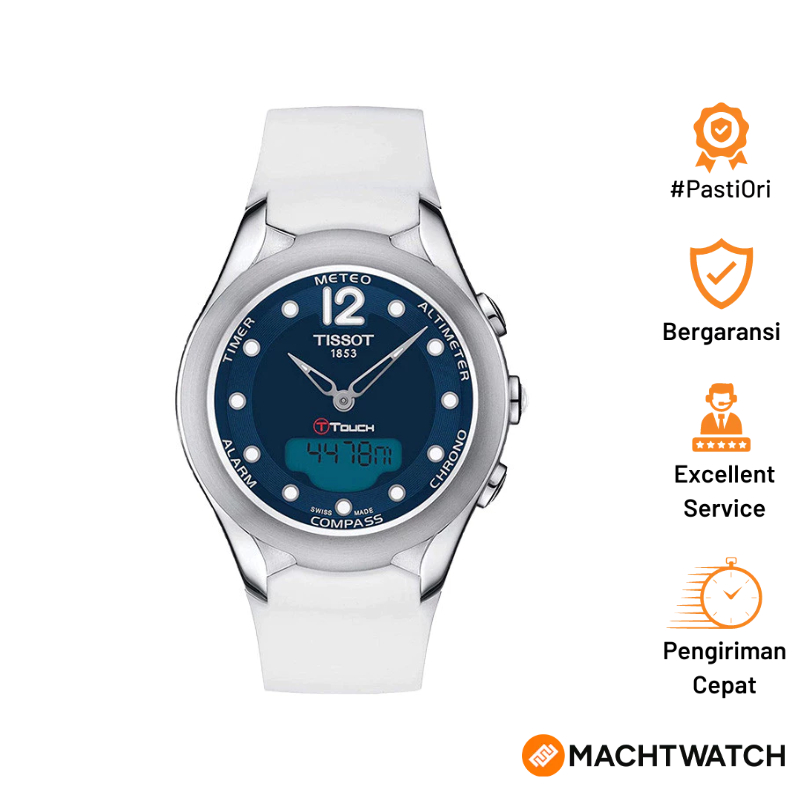 Jam Tangan Wanita TISSOT T-Touch T075.220.17.047.00 Solar Digital Analog Blue Dial White Silicone St