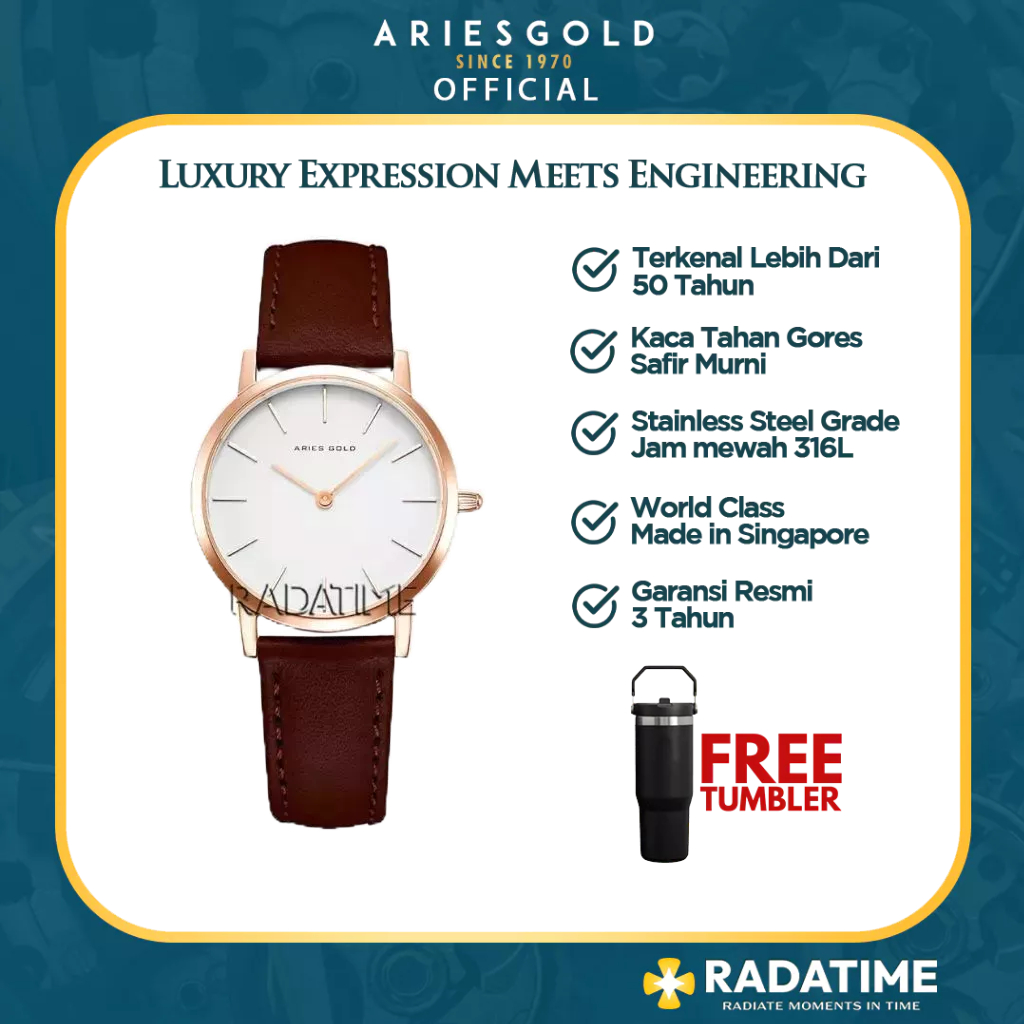 [FREE TUMBLER] Jam Tangan Wanita Aries Gold Original & Garansi Resmi 2 Tahun L-1023-RG-W