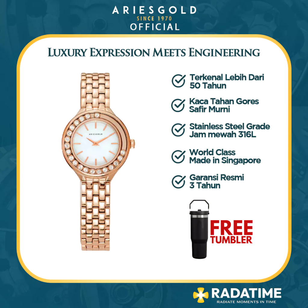[FREE TUMBLER] Jam Tangan Wanita Aries Gold Original Rose Gold Garansi L-5041-RG-MP