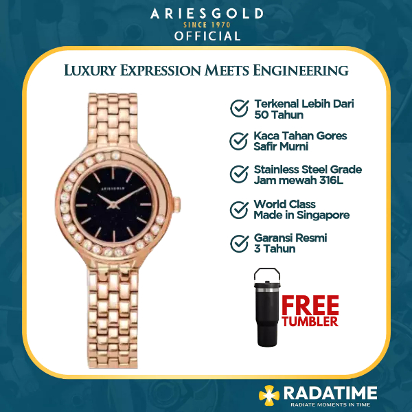 [FREE TUMBLER] Jam Tangan Wanita Aries Gold 100% Original Rose Gold L-5041-RG-BKST