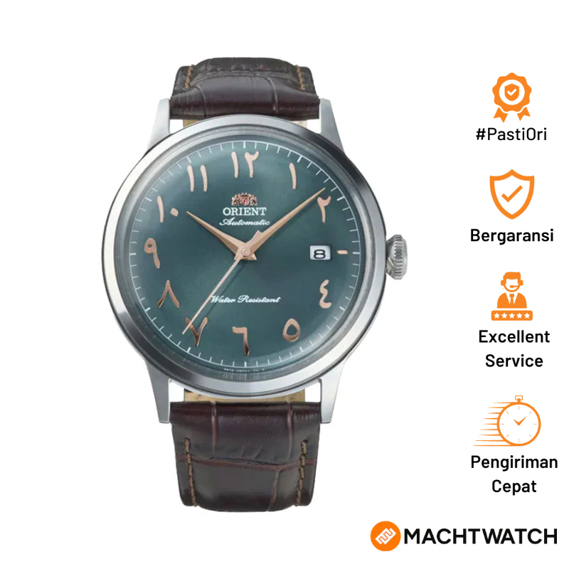 Jam Tangan Pria Orient Classic RA-AC0035E Bambino Automatic Green Arabic Dial Brown Leather Strap