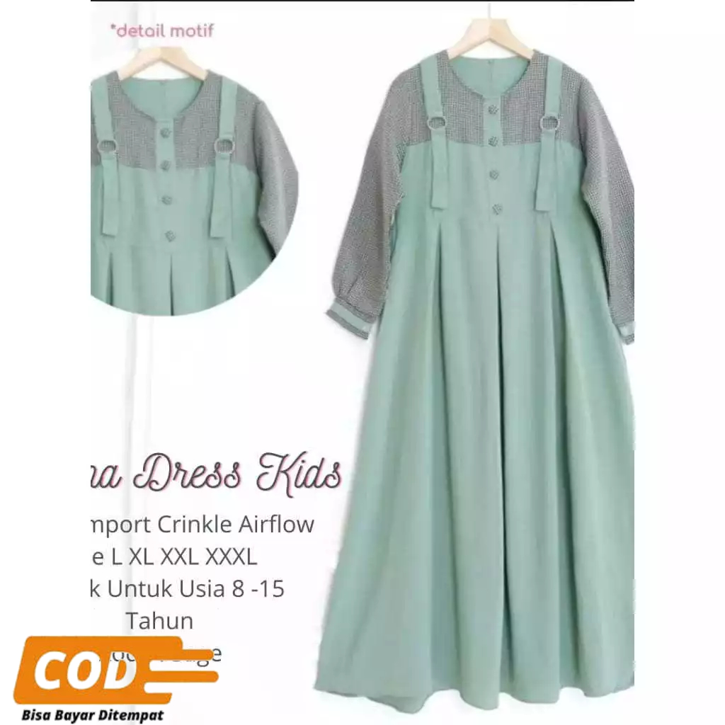 dress anak remaja motif kotak/gamis anak crinkle airflow ringan tidak panas