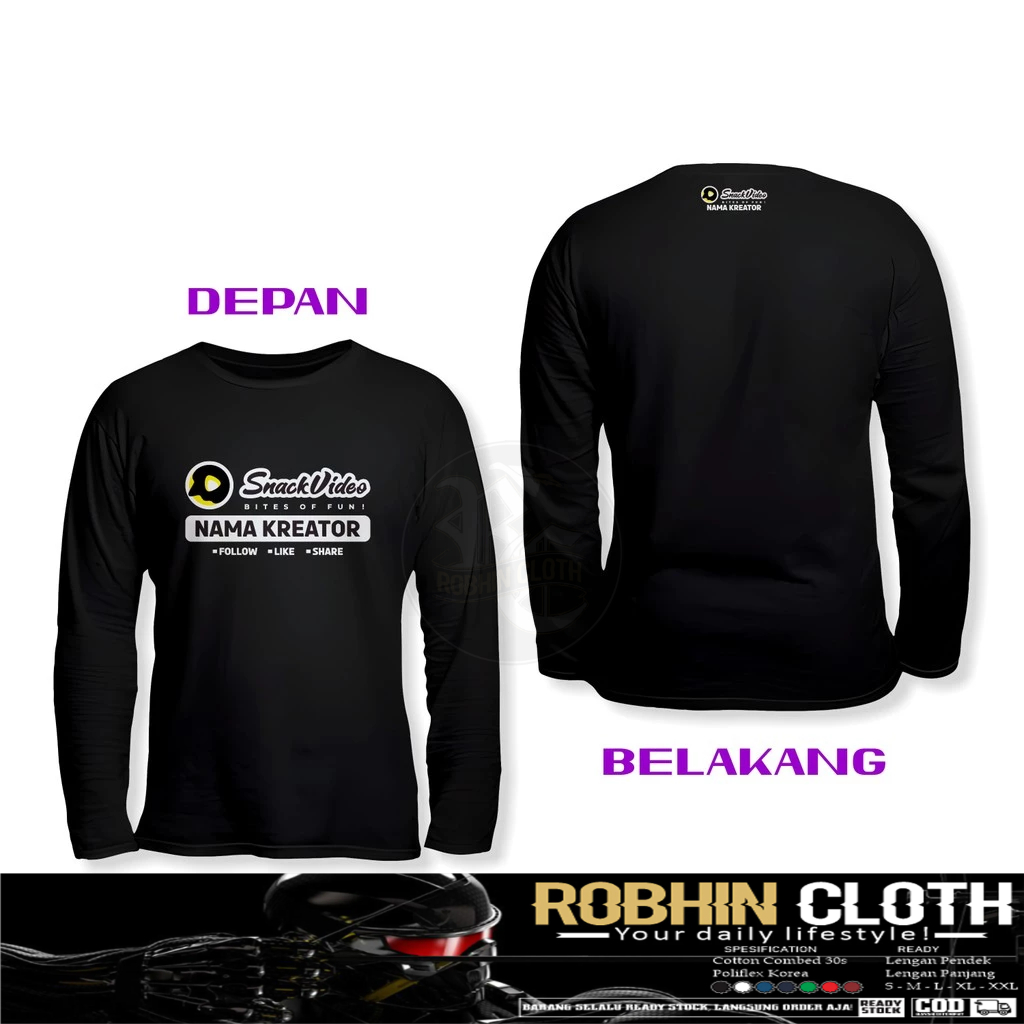 Kaos Baju Snack Video Gratis Nama Kreator DB Lengan Panjang Kaos Distro