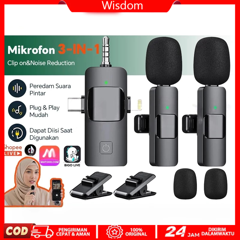 K15 3 IN 1 Lavalier Wireless Microphone Dual Mikrofon Clip on Mic Bluetooth Tanpa Kabel Microphone Y