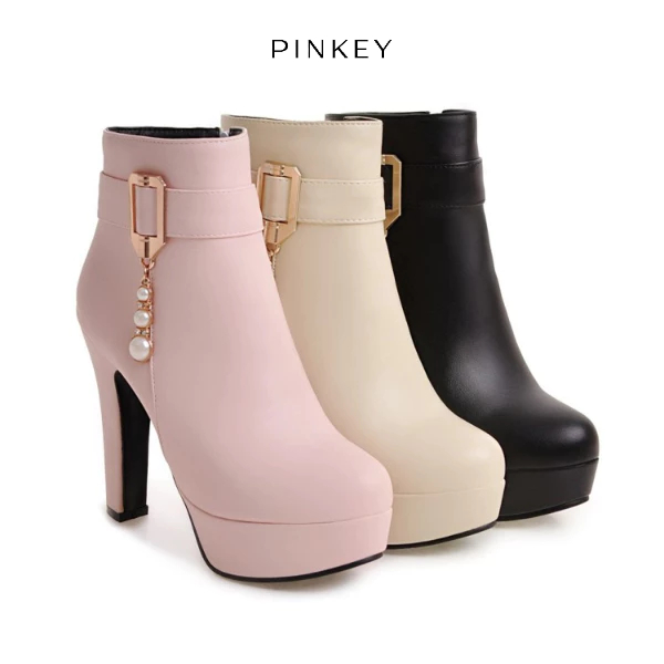 PINKEY P115 Boots Wanita Heels Platform 11cm Premium – Black / Beige / Pink