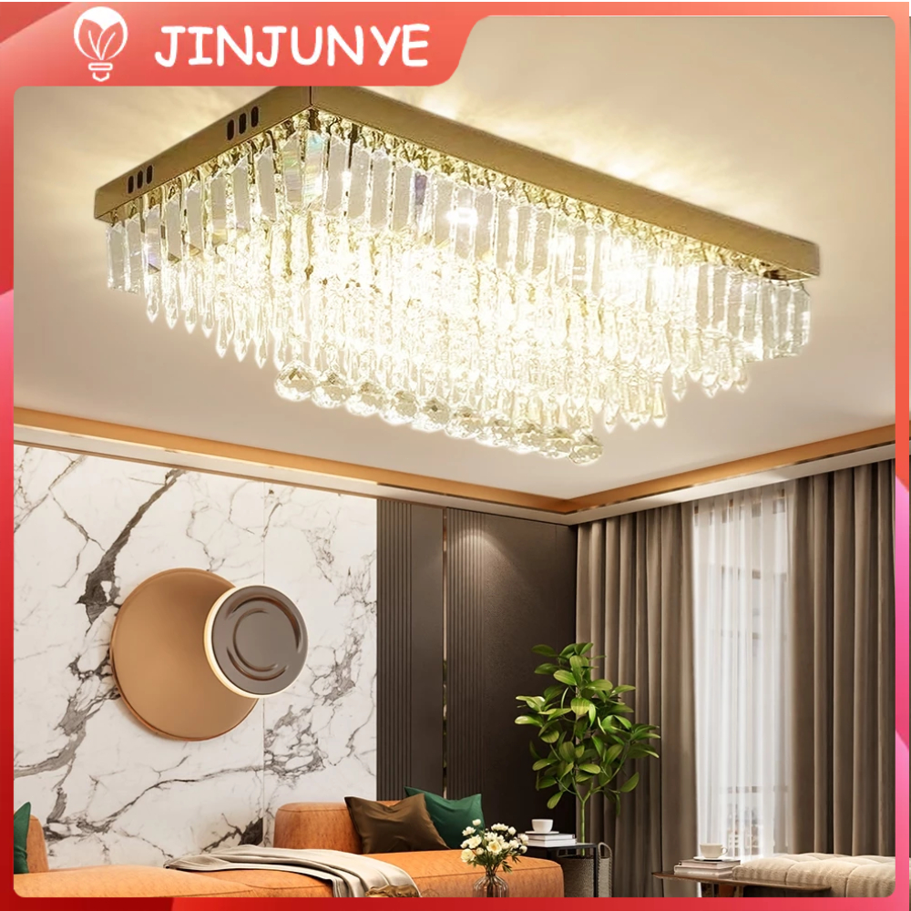 Lampu Kristal Gantung Ruang Tamu Mewah 50cm 3 Warna LED 60W Lampu Plafon Kristal Panjang Restoran Ru