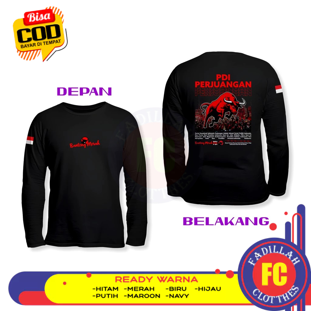 Baju Kaos PDIP Banteng Merah Streetwear DB Lengan Panjang Kaos Distro