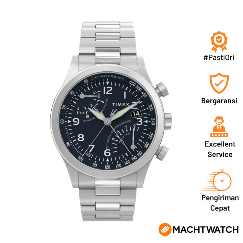 Jam Tangan Pria Timex Waterbury TW2Y29800 Traditional Fly Back Chronograph Blue Dial Stainless Steel