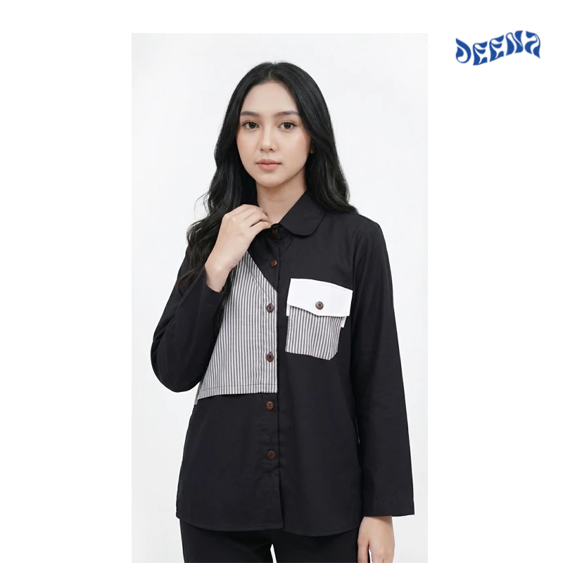 Kemeja Wanita Kombinasi Stripe Salur Premium - Atasan Blouse Kerja Korea Style - Baju Kantor Casual 