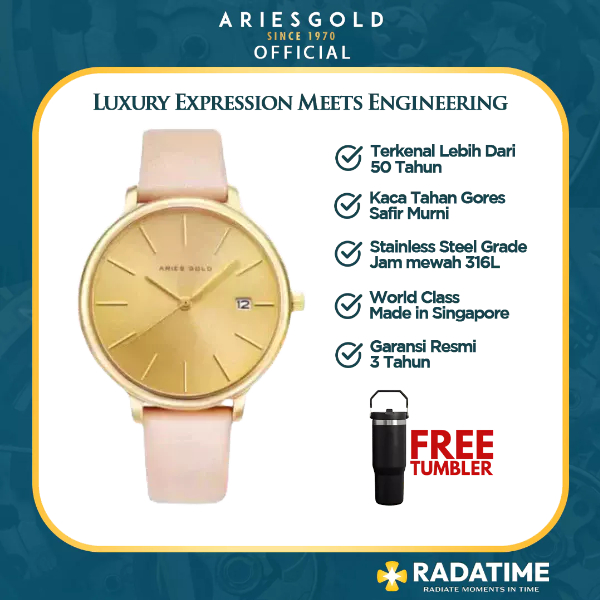 [FREE TUMBLER] Jam Tangan Wanita Aries Gold Original & Garansi Resmi 2 Tahun L-5035-G-G