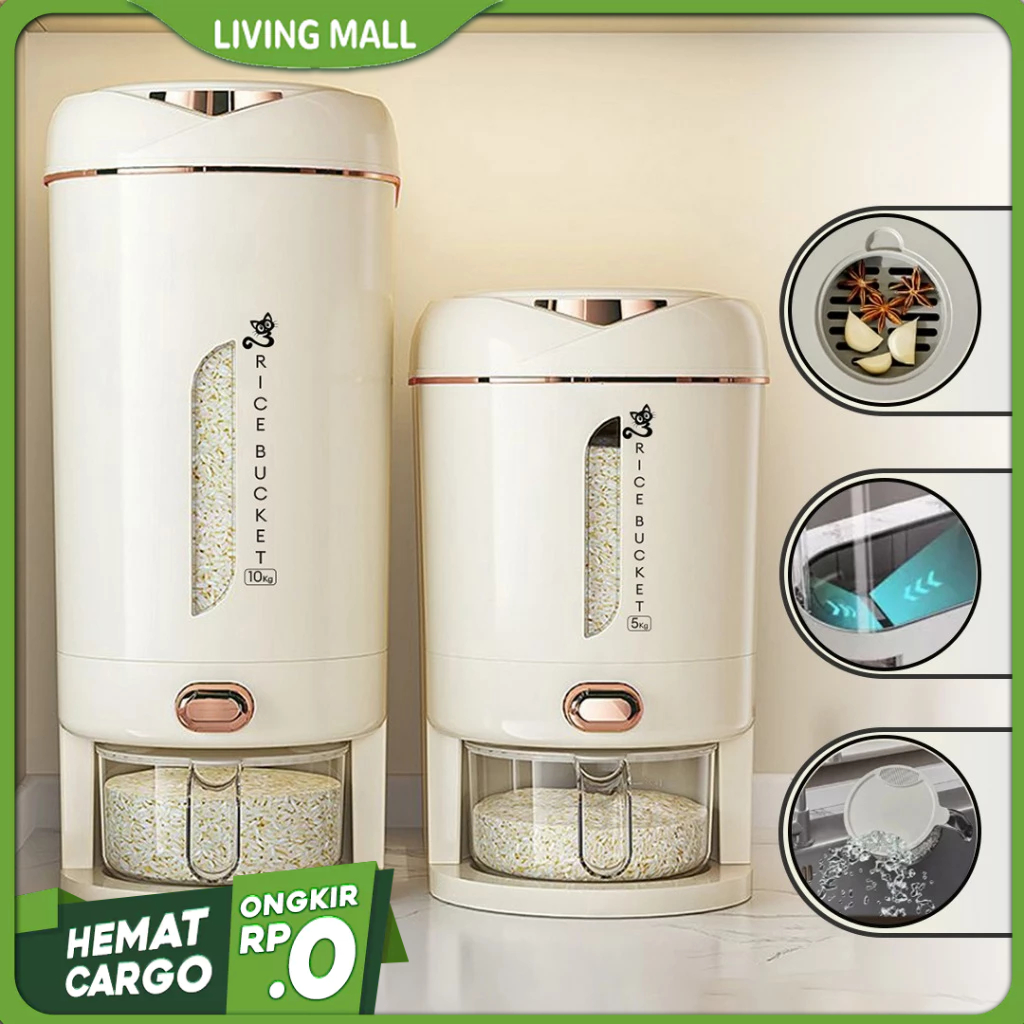 DISCOUNT 50RB LIVING MALL Dispenser Beras Tempat Penyimpanan Beras Otomatis Aesthetic 5-10KG