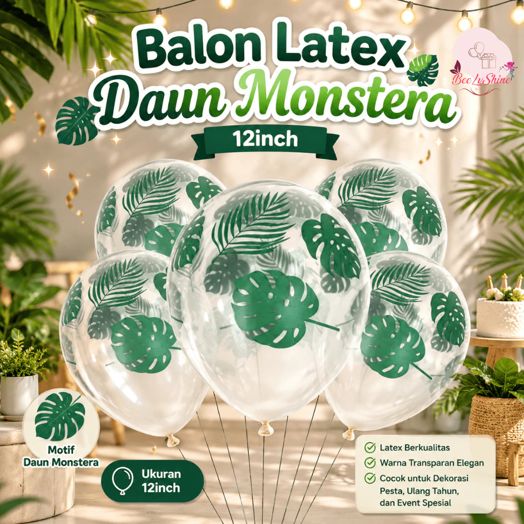 Balon Latex Transparan Daun Monstera 12 Inch | Balon Tropical Palm Leaf Dekorasi Jungle Party