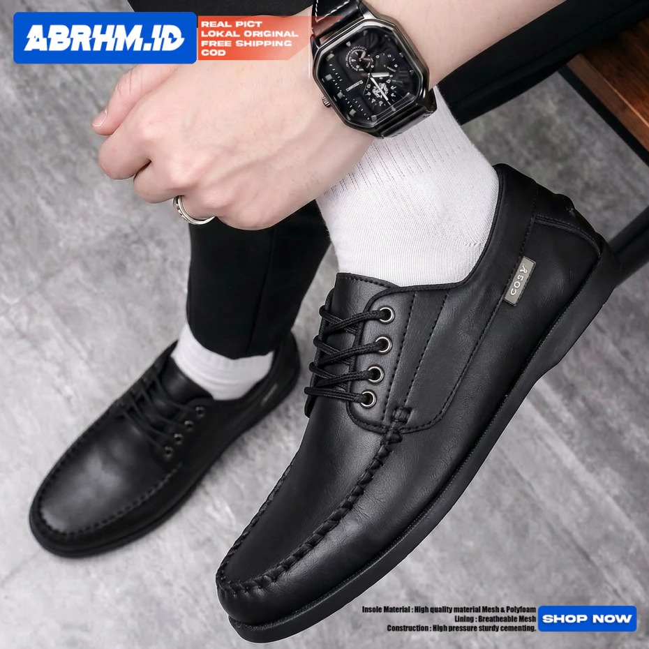 ABRHM Sepatu Formal Loafers Pantofel Hitam Tali Kerja Pria
