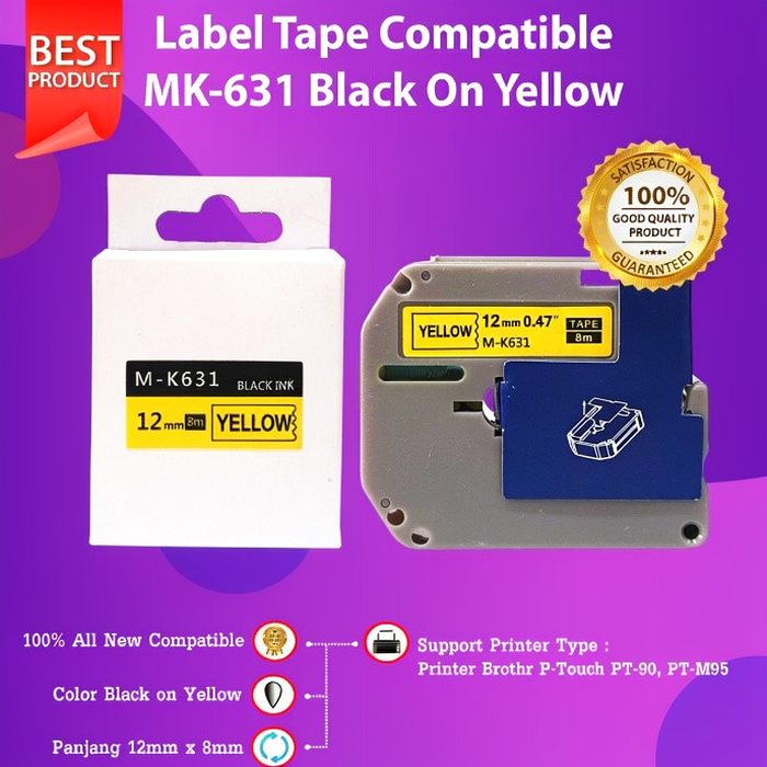 FixPrint Label Tape 12mm MK-231 MK-531 MK-631 MK-731 MK-931 Black On Yellow PT-M95 PT-90 Compatible