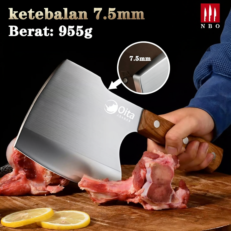 Pisau Dapur Kapak Potong Tulang Professional Golok Daging Chef Knife Ketebalan 7.5mm Berat 955g Pisa