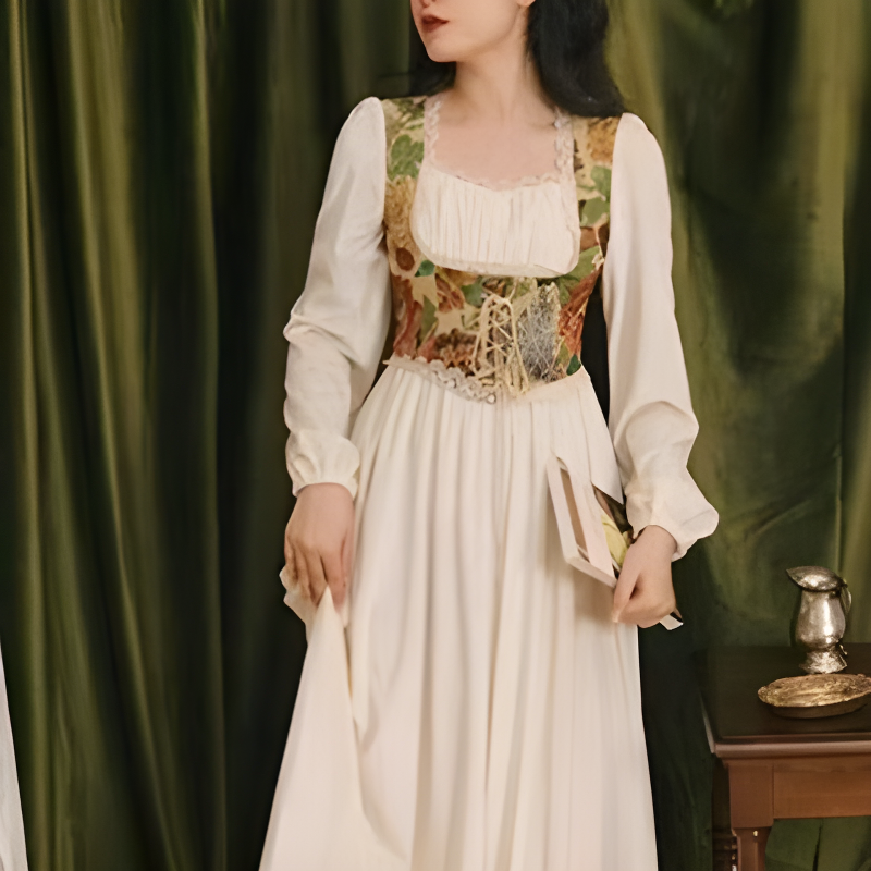 Dress Gamis Wanita Korea Vintage Floral Bunga Lengan Panjang Square Neck A Line Maxi Dress Casual Fe