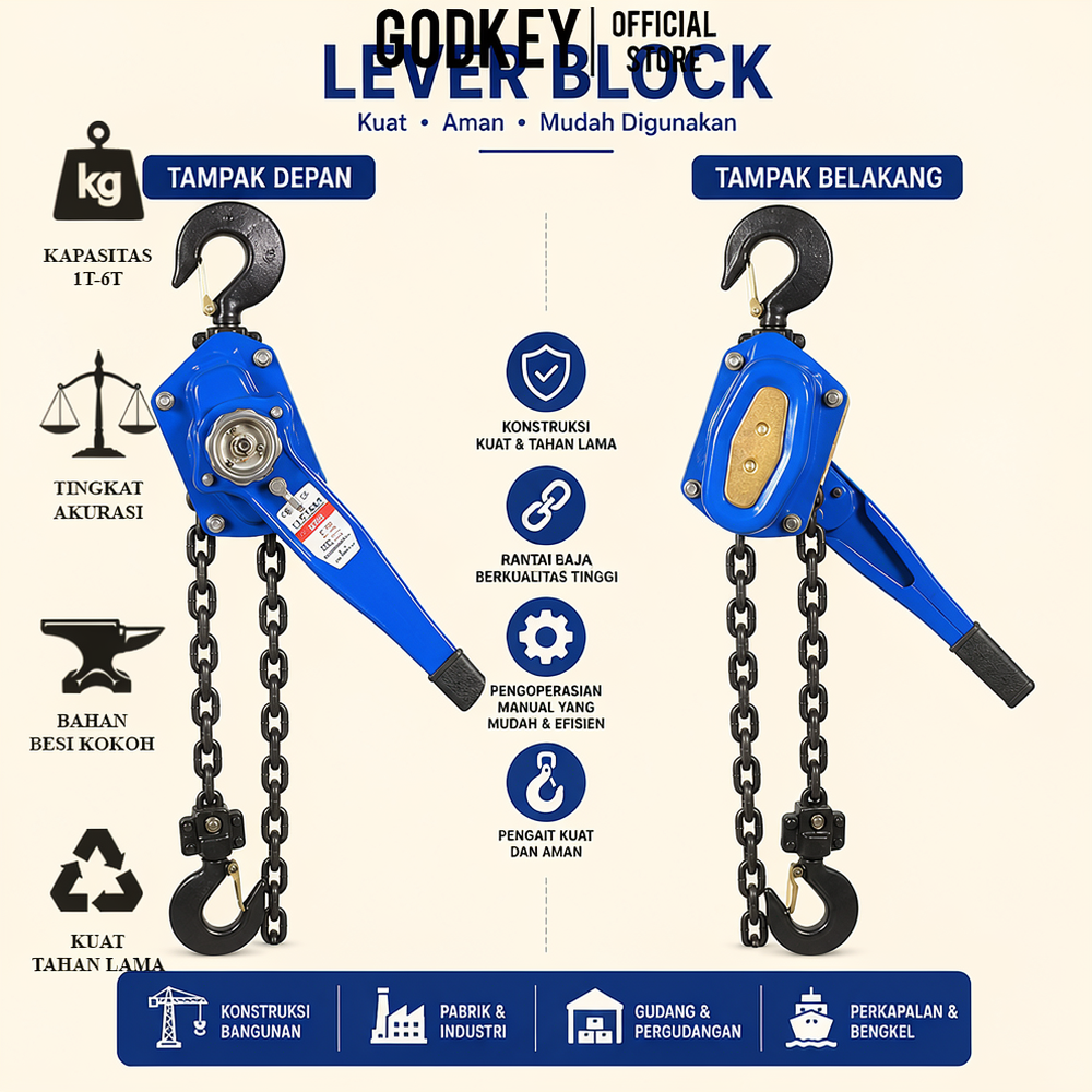 Lever Block Lifting Hoist 1,5 ton x 5 meter Kotrek Rantai Angkat Lever Hoist 1,5ton x 5Meter