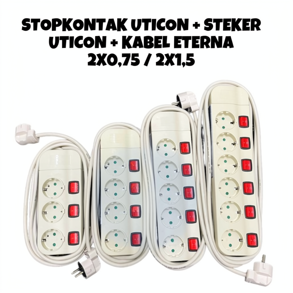 STOP KONTAK UTICON 3 4 5 6  LUBANG SAKLAR TERSENDIRI + KABEL ETERNA 2X0,75 (1- 10 METER) +STEKER UTI