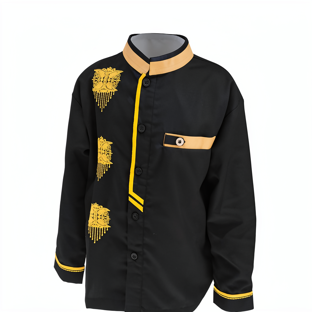Baju Koko Anak An Nida Motif Pintu Aceh Hitam Gold / Koko Anak Laki-Laki Eksklusif